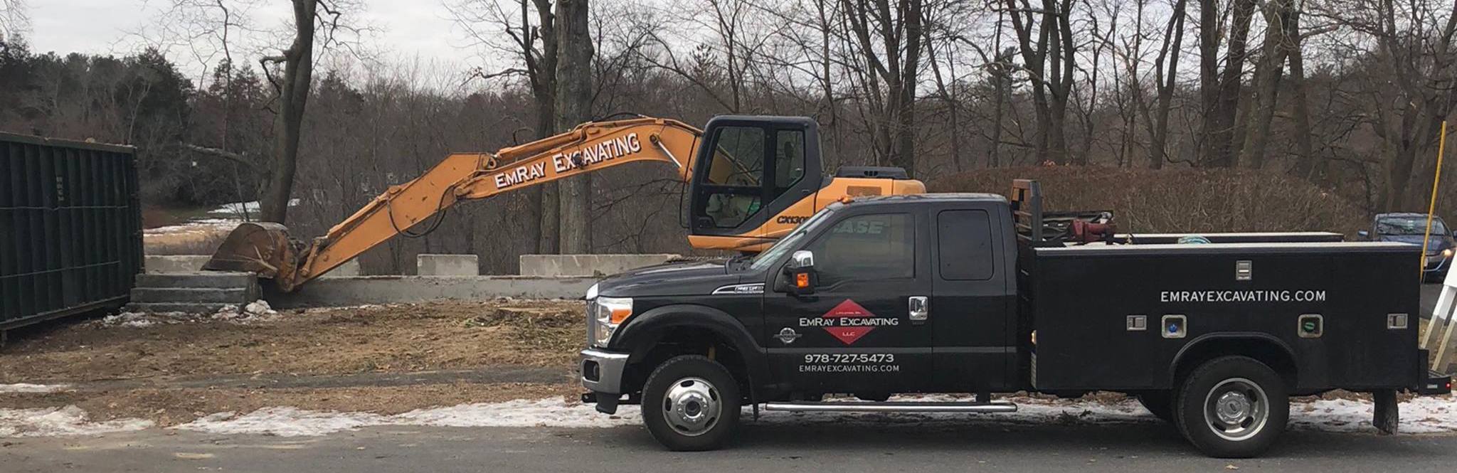 Excavation service truck and equipment from EmRay Excavating serving Devens MA